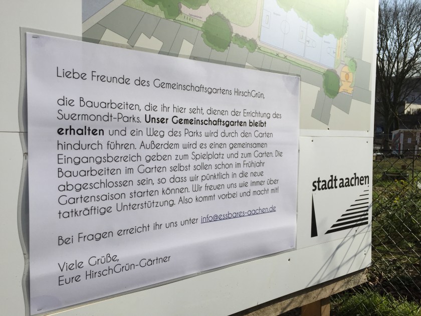 Was hier Phase ist, darüber haben die HirschGrün-Betreiber informiert. Und da haben sich plötzlich ganz andere Perspektiven aufgetan: Die Politiker von CDU und FDP möchten statt des Gartens lieber eine Liegewiese haben. SPD und Grüne haben gewisse Sympathien für die Garten-Betreiber und die Piraten mit den Linken wollen HirschGrün auf jeden Fall erhalten. Falls sie nicht alle ihre Meinungen inzwischen wieder geändert haben. 
